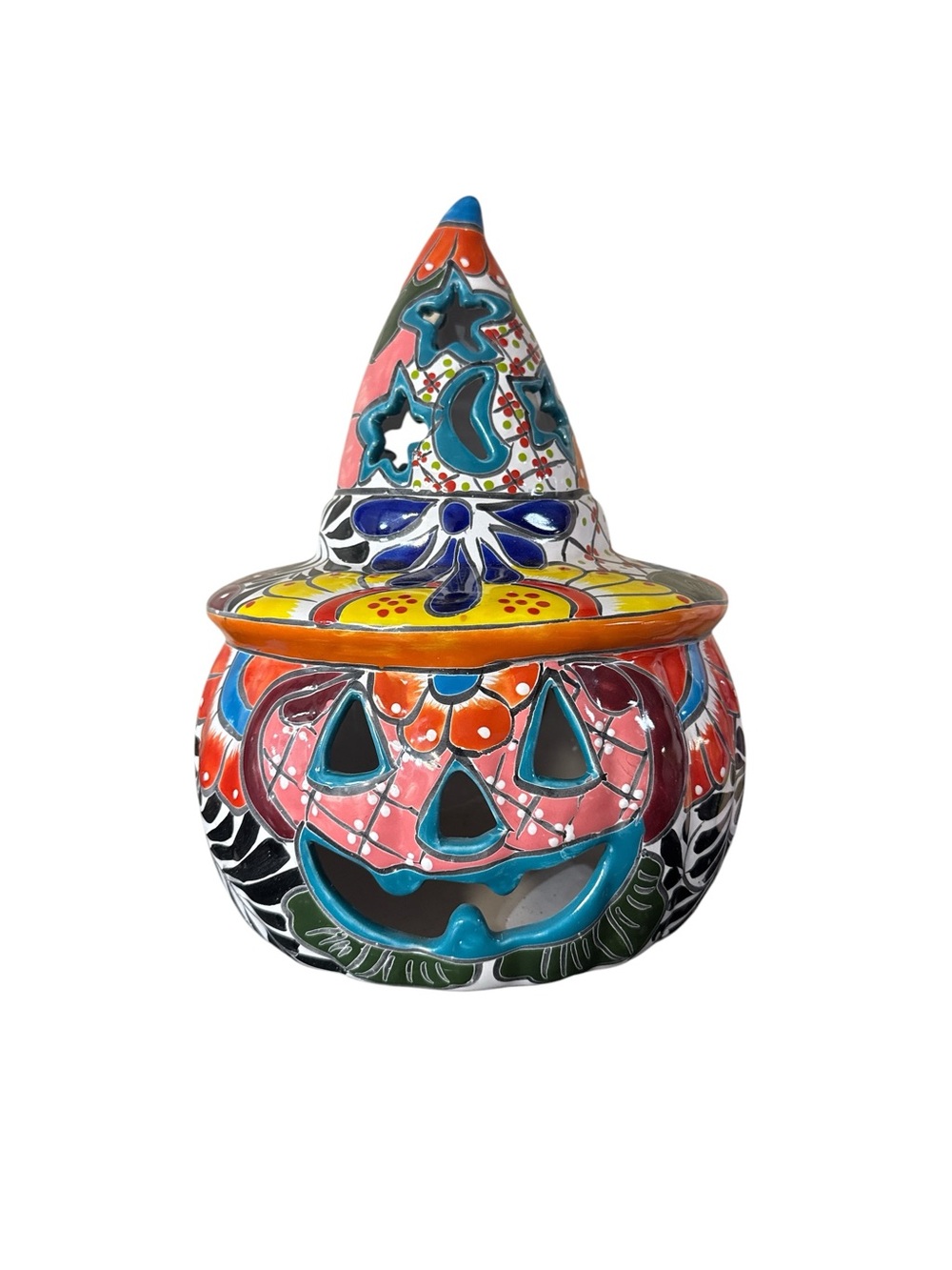 NWT Handcrafted Mexican Talavera Jack-O-Lantern Pumpkin with Witch Hat Jumbo